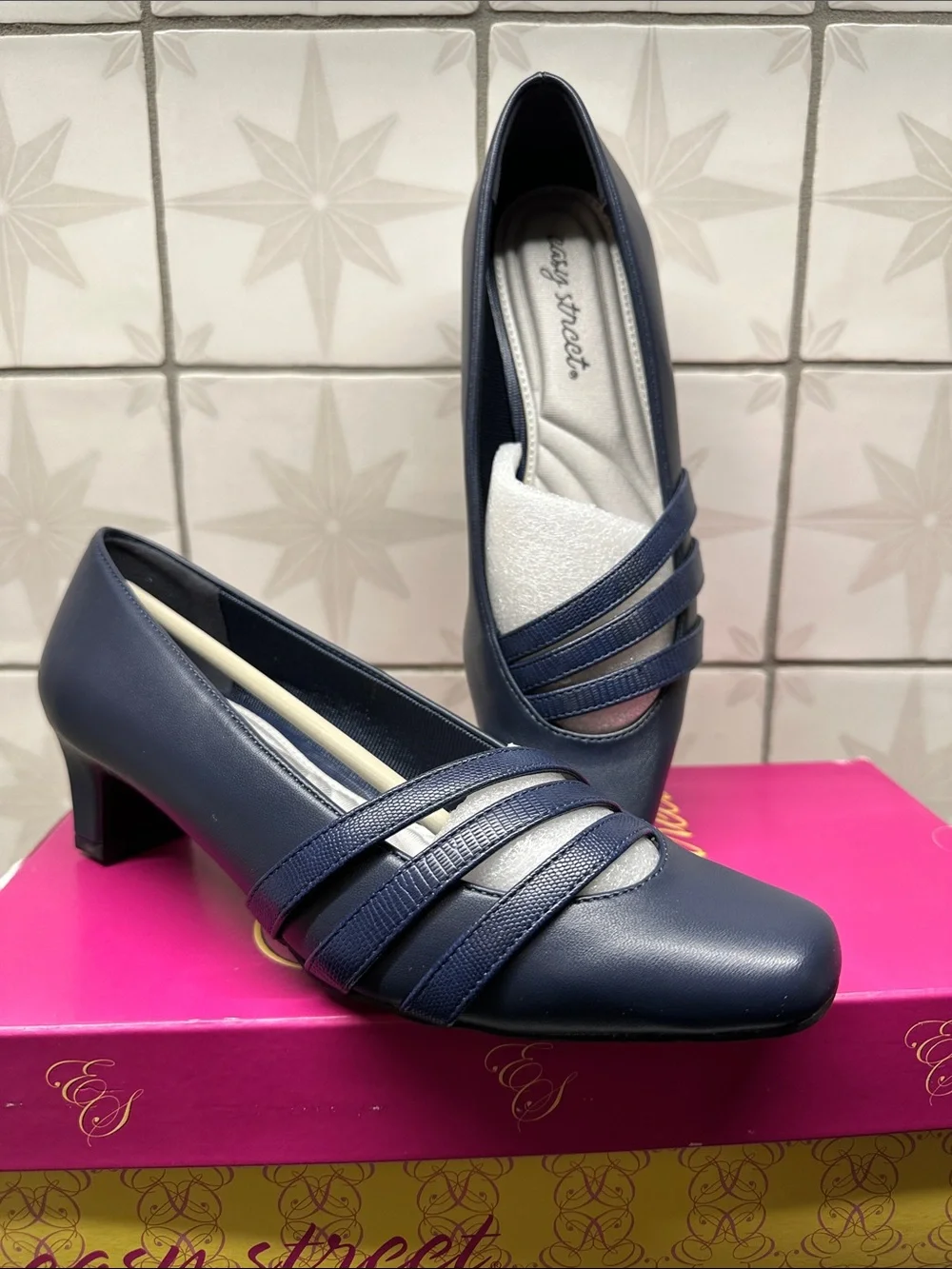 Easy Street Navy Low Block Heel Pumps with Textured Straps 7m Ladies NIB